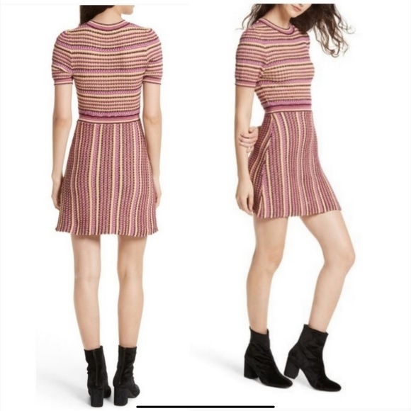 NEW FREE PEOPLE Into You Shimmer Mini SweaterDress Pink Metallic Retro Stripe - Picture 2 of 16